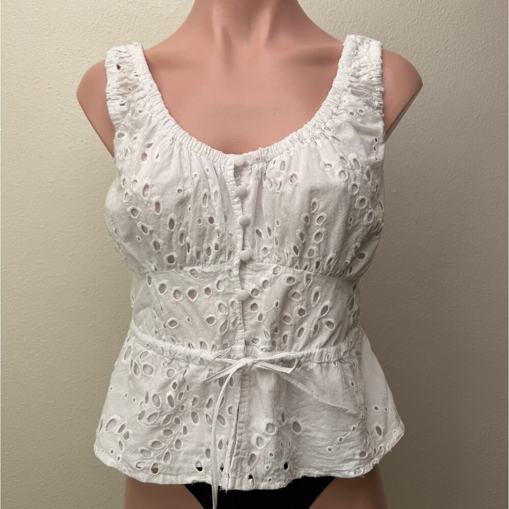 Guess Larisen White Eyelet Button Front Boho Tank Top Size S